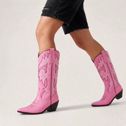 Yehaw CECILIA pink vegan leather mid-calf cowgirl boots with pointed toe and white western embroidery stitching