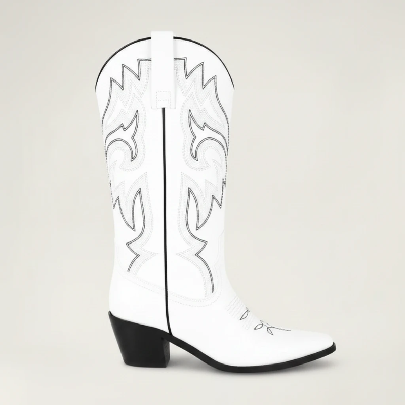 Yehaw white vegan leather mid-calf cowgirl boots with pointed toe and black western-style stitching detail