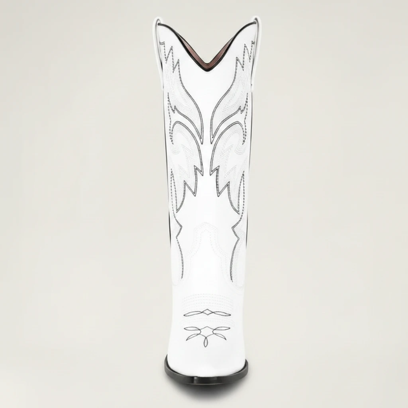 Yehaw white vegan leather mid-calf cowgirl boots with pointed toe and black western-style stitching detail