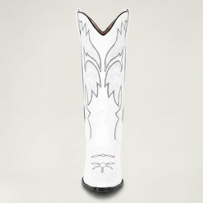 Yehaw white vegan leather mid-calf cowgirl boots with pointed toe and black western-style stitching detail