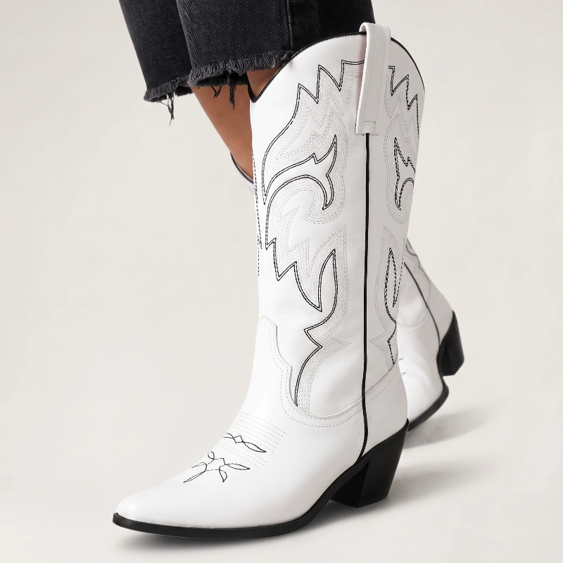 Yehaw white vegan leather mid-calf cowgirl boots with pointed toe and black western-style stitching detail