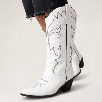 Yehaw white vegan leather mid-calf cowgirl boots with pointed toe and black western-style stitching detail
