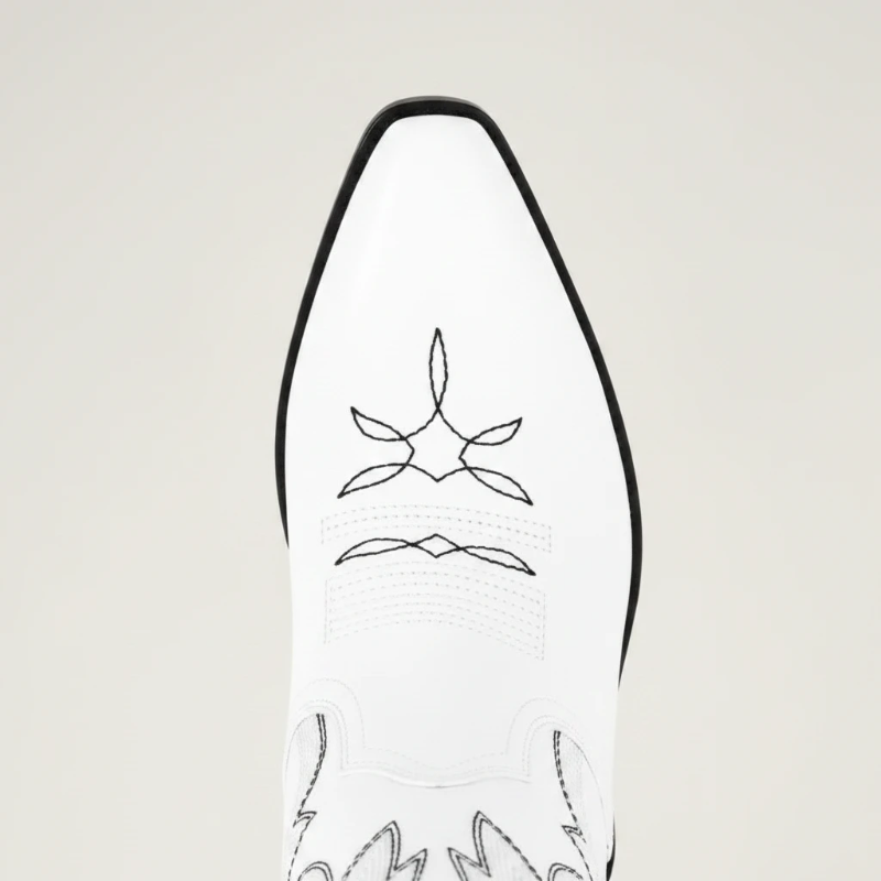 Yehaw white vegan leather mid-calf cowgirl boots with pointed toe and black western-style stitching detail