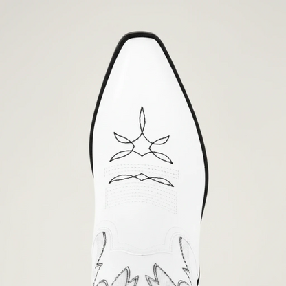 Yehaw white vegan leather mid-calf cowgirl boots with pointed toe and black western-style stitching detail