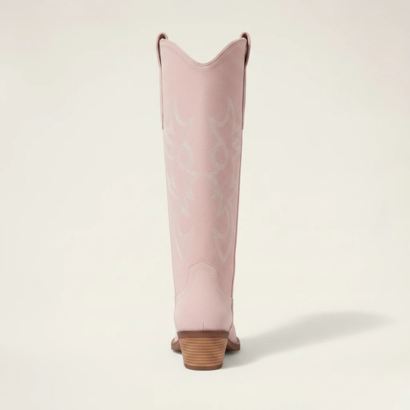 Yehaw pink vegan suede mid-calf cowgirl boots with round toe, western stitching, and medium block heel