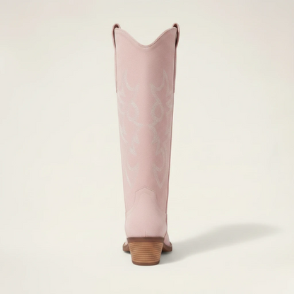 Yehaw pink vegan suede mid-calf cowgirl boots with round toe, western stitching, and medium block heel