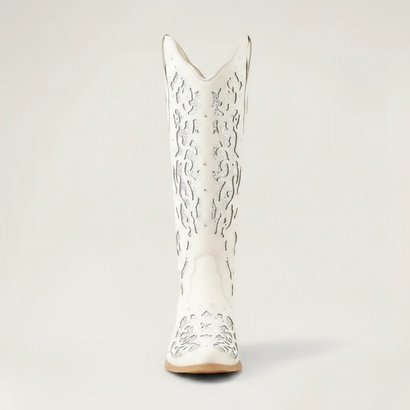 Yehaw BERNARDA beige vegan leather mid-calf cowgirl boots with silver glitter cutout details and a pointed toe.