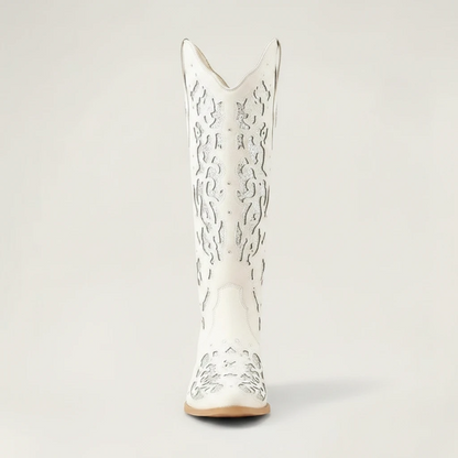 Yehaw BERNARDA beige vegan leather mid-calf cowgirl boots with silver glitter cutout details and a pointed toe.