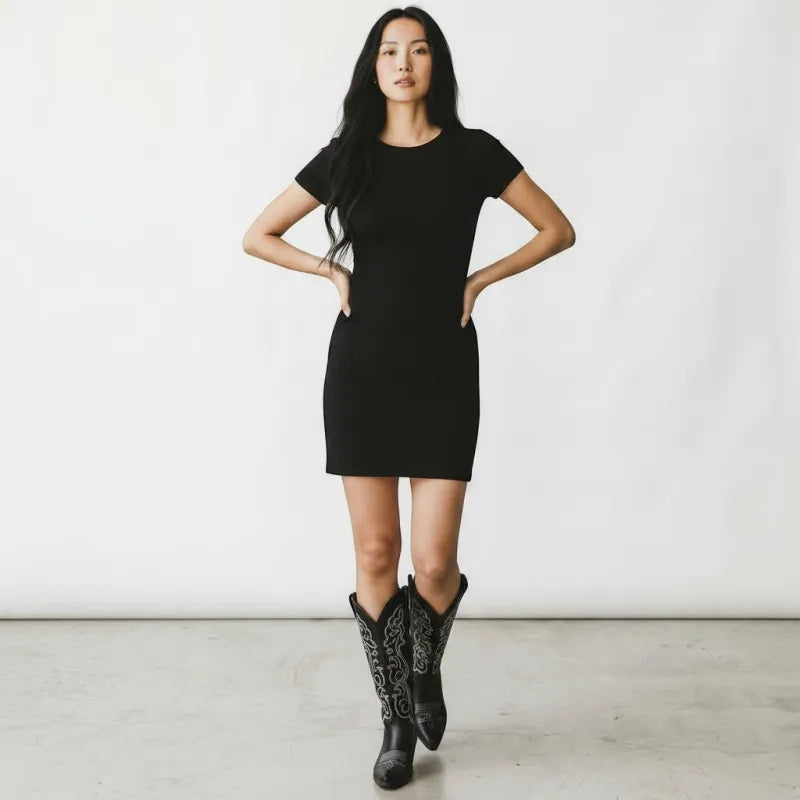 Yehaw black vegan leather mid-calf cowgirl boots with pointed toe and ornate stitching