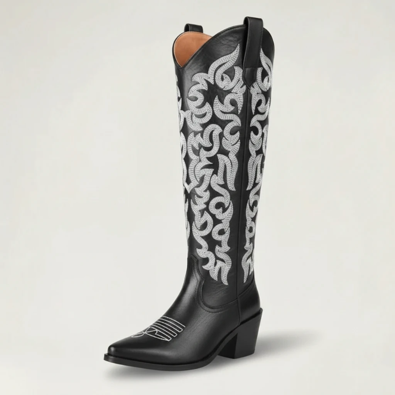 Yehaw CELIA black vegan leather mid-calf cowgirl boots with intricate silver western embroidery and a pointed toe.