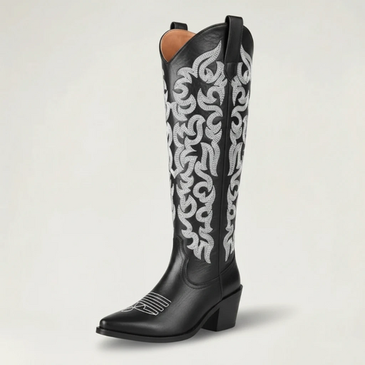 Yehaw CELIA black vegan leather mid-calf cowgirl boots with intricate silver western embroidery and a pointed toe.