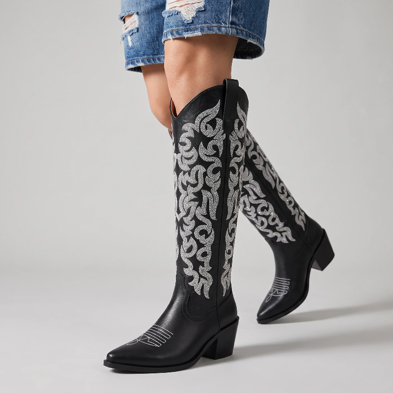 Yehaw CELIA black vegan leather mid-calf cowgirl boots with intricate silver western embroidery and a pointed toe.