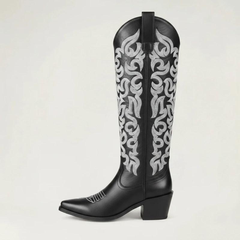 Yehaw CELIA black vegan leather mid-calf cowgirl boots with intricate silver western embroidery and a pointed toe.