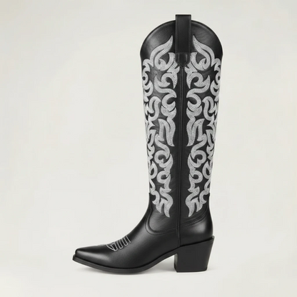 Yehaw CELIA black vegan leather mid-calf cowgirl boots with intricate silver western embroidery and a pointed toe.