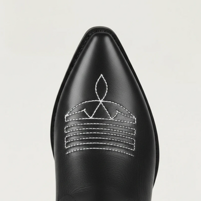 Yehaw CELIA black vegan leather mid-calf cowgirl boots with intricate silver western embroidery and a pointed toe.