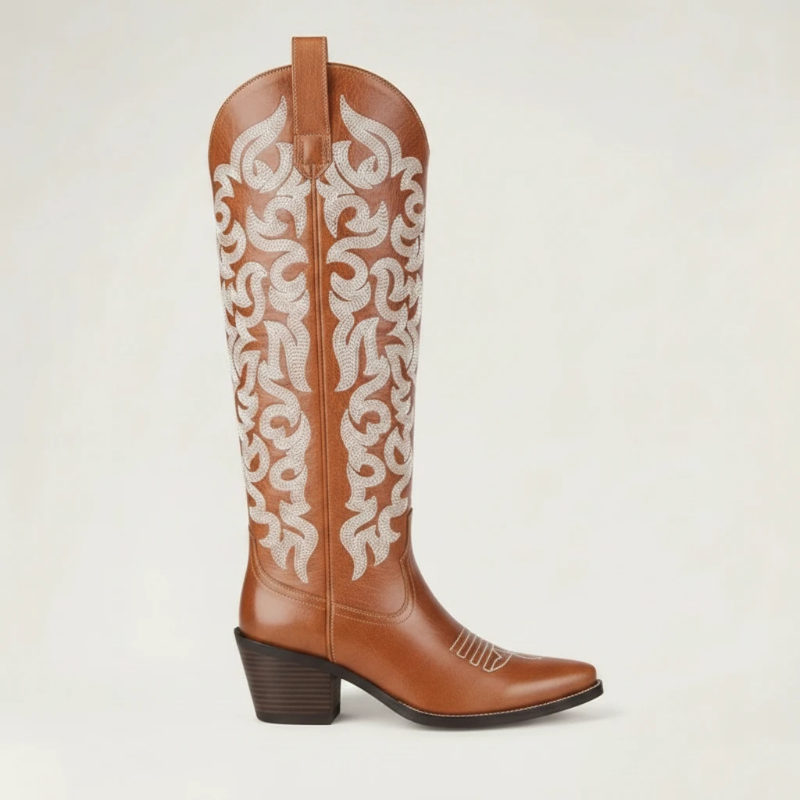 Yehaw CELIA brown vegan leather mid-calf cowgirl boots with white western embroidery and a pointed toe.