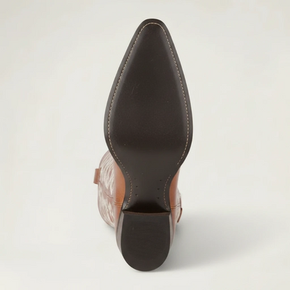 Yehaw CELIA brown vegan leather mid-calf cowgirl boots with white western embroidery and a pointed toe.