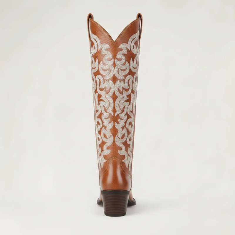 Yehaw CELIA brown vegan leather mid-calf cowgirl boots with white western embroidery and a pointed toe.