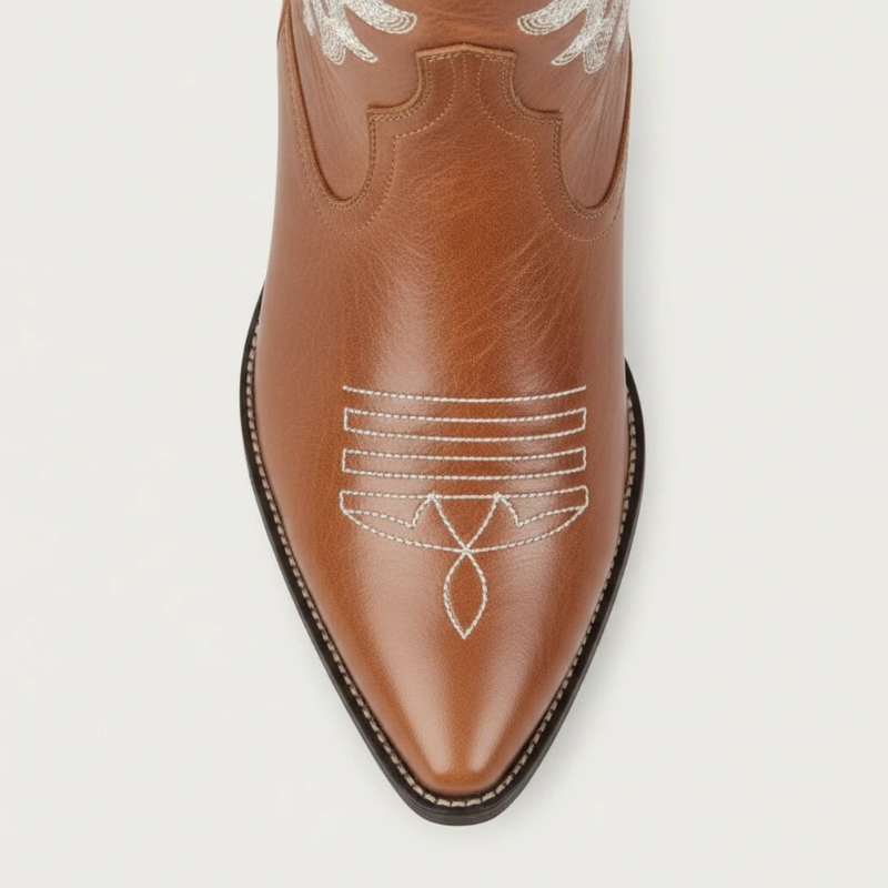 Yehaw CELIA brown vegan leather mid-calf cowgirl boots with white western embroidery and a pointed toe.
