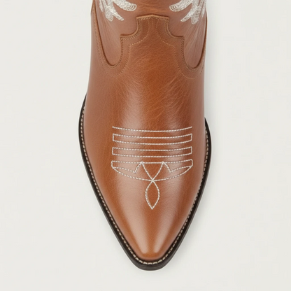 Yehaw CELIA brown vegan leather mid-calf cowgirl boots with white western embroidery and a pointed toe.