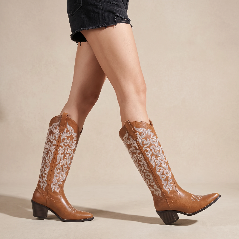 Yehaw CELIA brown vegan leather mid-calf cowgirl boots with white western embroidery and a pointed toe.