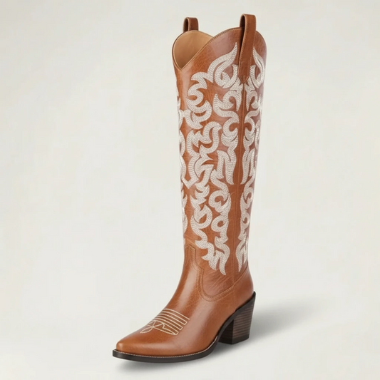 Yehaw CELIA brown vegan leather mid-calf cowgirl boots with white western embroidery and a pointed toe.