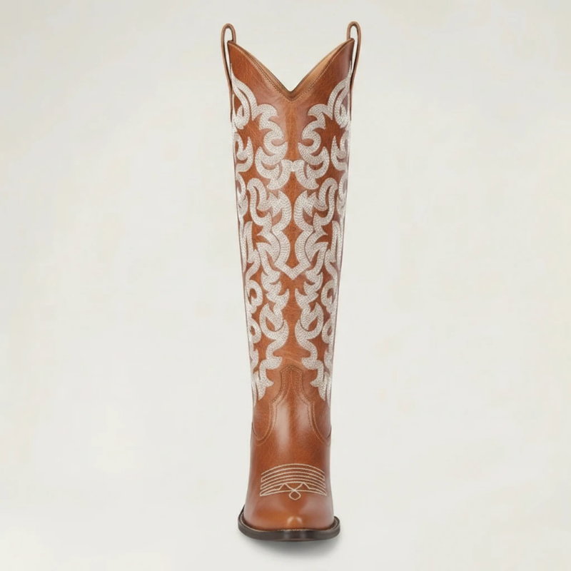 Yehaw CELIA brown vegan leather mid-calf cowgirl boots with white western embroidery and a pointed toe.