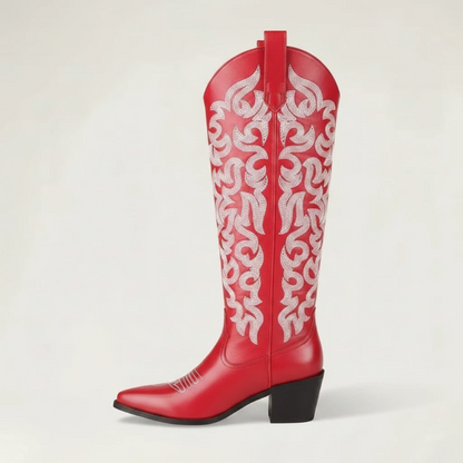 Yehaw CELIA red vegan leather mid-calf cowgirl boots with white western embroidery and a pointed toe.