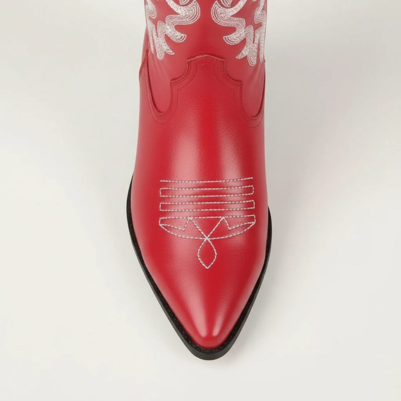 Yehaw CELIA red vegan leather mid-calf cowgirl boots with white western embroidery and a pointed toe.