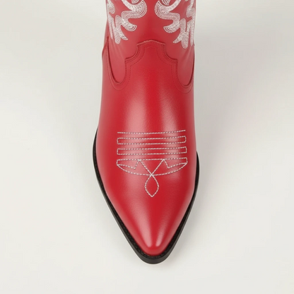Yehaw CELIA red vegan leather mid-calf cowgirl boots with white western embroidery and a pointed toe.