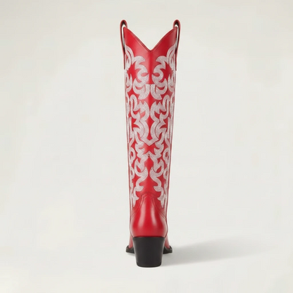 Yehaw CELIA red vegan leather mid-calf cowgirl boots with white western embroidery and a pointed toe.