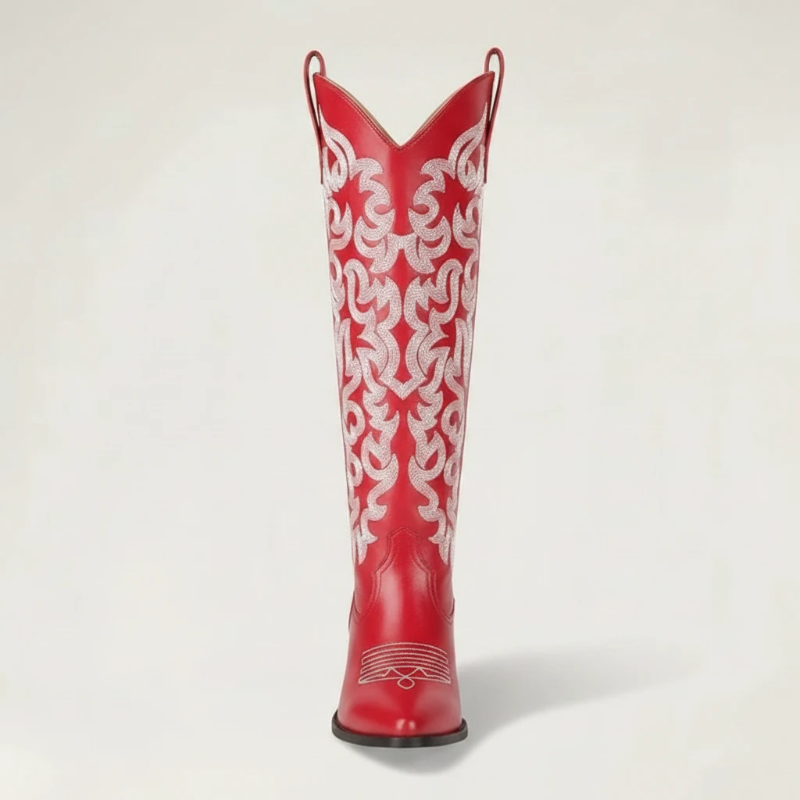 Yehaw CELIA red vegan leather mid-calf cowgirl boots with white western embroidery and a pointed toe.
