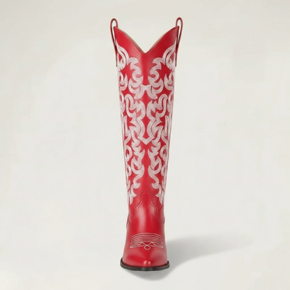 Yehaw CELIA red vegan leather mid-calf cowgirl boots with white western embroidery and a pointed toe.