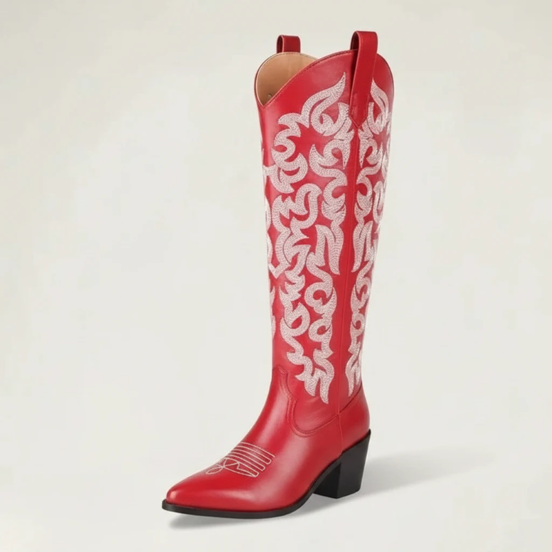 Yehaw CELIA red vegan leather mid-calf cowgirl boots with white western embroidery and a pointed toe.