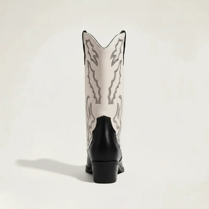 Yehaw DANIELA mid-calf vegan leather cowgirl boots in black and white with pointed toe and western embroidery