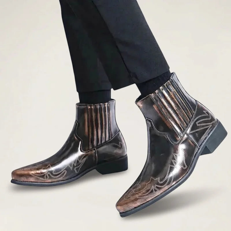 Yehaw CHUCK men's gold vegan leather ankle cowboy boots with pointed toe and slip-on design