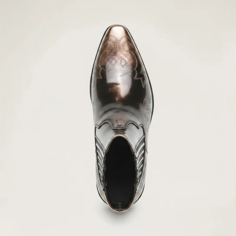 Yehaw CHUCK men's gold vegan leather ankle cowboy boots with pointed toe and western stitching, top view.