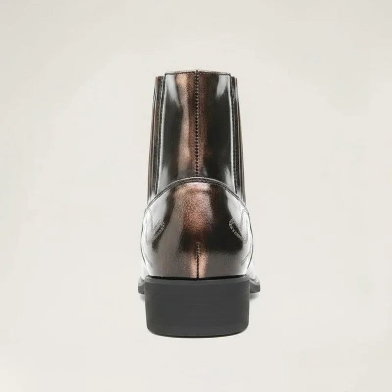 Yehaw CHUCK men's gold vegan leather ankle cowboy boots with a low rubber heel, rear view.