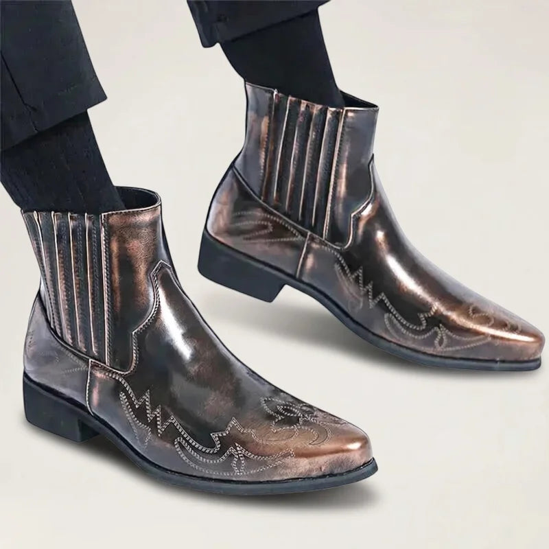 Yehaw CHUCK men's gold vegan leather ankle cowboy boots with pointed toe and slip-on design