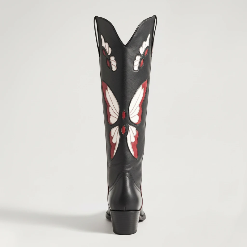 Yehaw CLARA mid-calf vegan leather cowgirl boots in black with beige and red butterfly embroidery and round toe