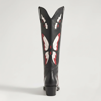 Yehaw CLARA mid-calf vegan leather cowgirl boots in black with beige and red butterfly embroidery and round toe
