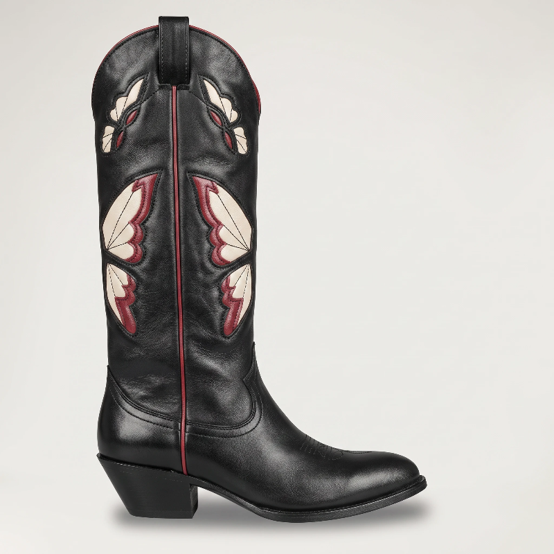 Yehaw CLARA mid-calf vegan leather cowgirl boots in black with beige and red butterfly embroidery and round toe