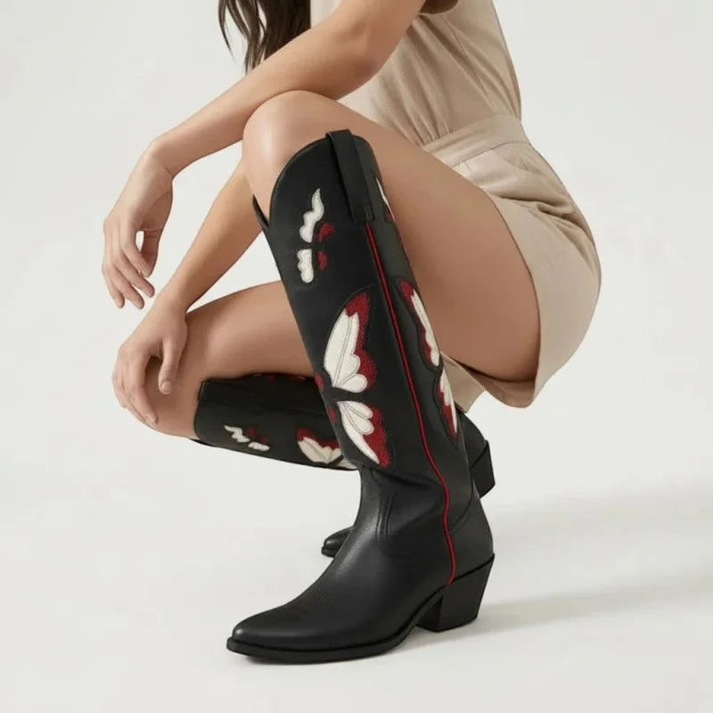 Yehaw CLARA black vegan leather cowgirl boots with beige and red butterfly embroidery, mid-calf western style.