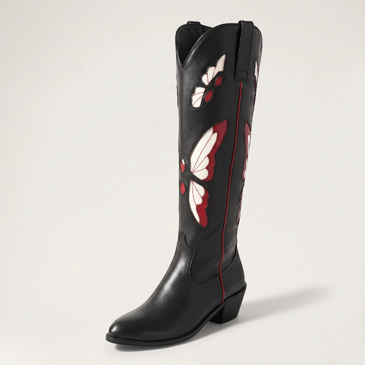 Yehaw CLARA mid-calf vegan leather cowgirl boots in black with beige and red butterfly embroidery and round toe