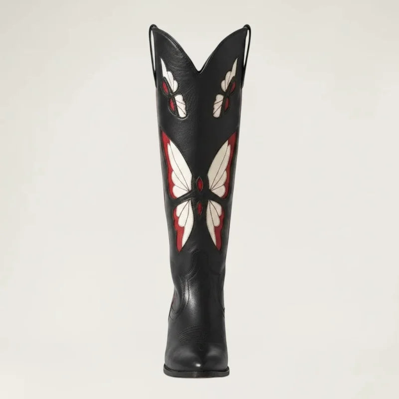 Yehaw CLARA black vegan leather mid-calf cowgirl boots featuring beige and red butterfly embroidery and round toe.