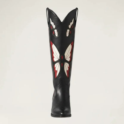 Yehaw CLARA black vegan leather mid-calf cowgirl boots featuring beige and red butterfly embroidery and round toe.