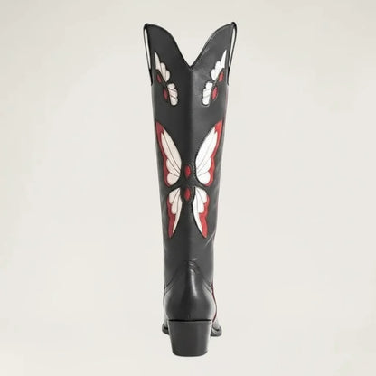 Yehaw CLARA black vegan leather mid-calf cowgirl boots with white and red butterfly embroidery on the back shaft