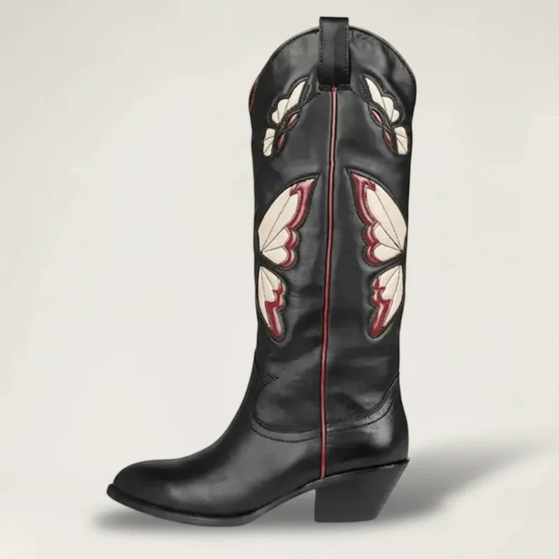 Yehaw CLARA black vegan leather mid-calf cowgirl boots with beige and red butterfly embroidery and round toe.