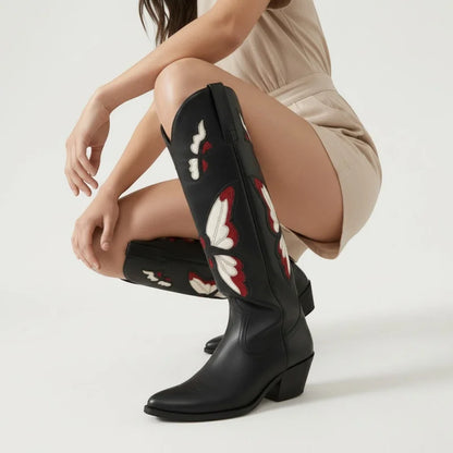 Yehaw Clara black vegan leather cowgirl boots with beige and red butterfly embroidery, mid-calf western style.