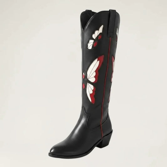Yehaw CLARA black vegan leather mid-calf cowgirl boots featuring beige and red butterfly embroidery and round toe.